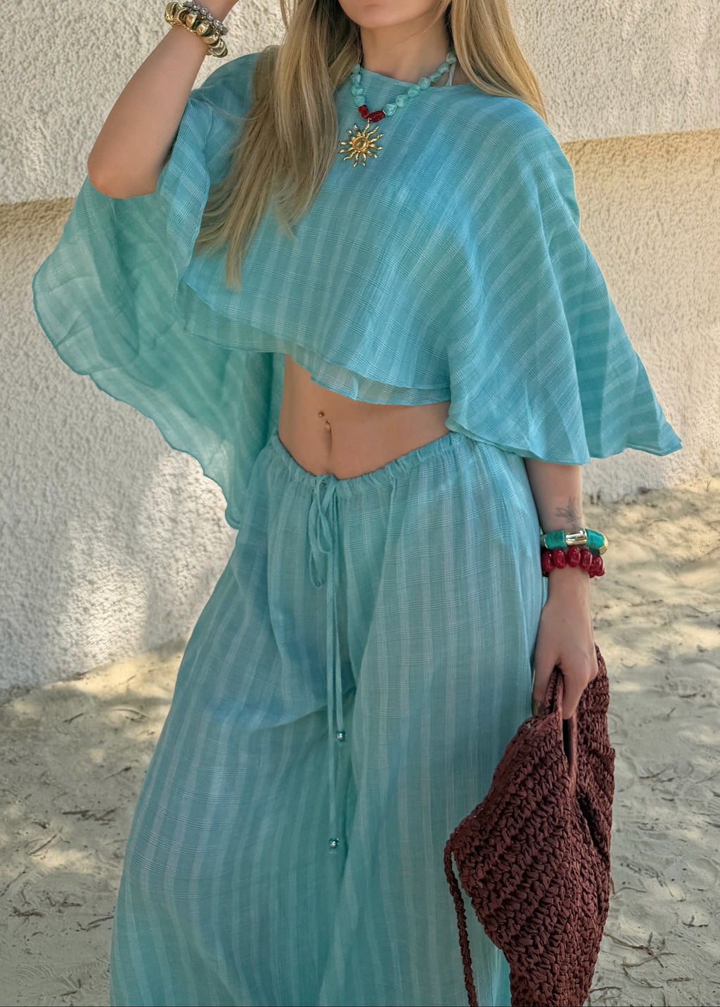 Flowy Batwing Top And Drawstring Wide-Leg Pants Set