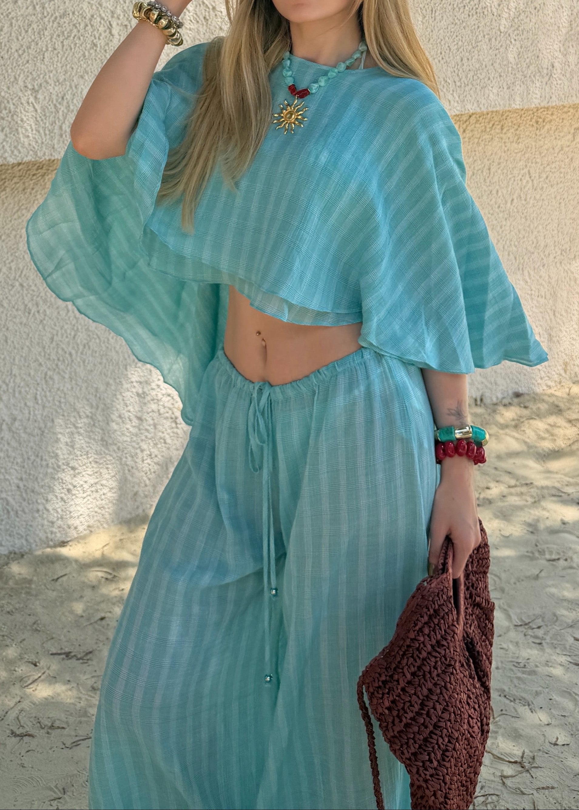 Flowy Batwing Top And Drawstring Wide-Leg Pants Set
