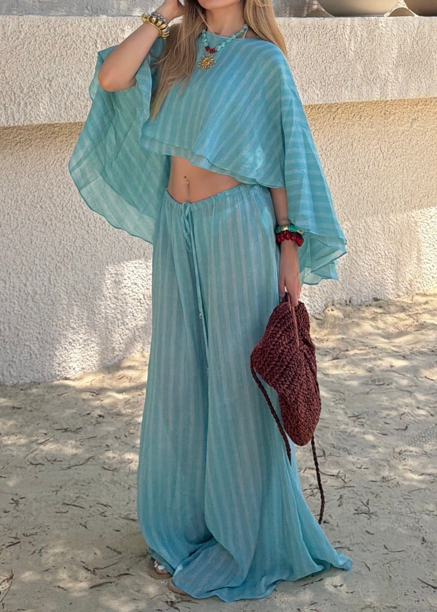 Flowy Batwing Top And Drawstring Wide-Leg Pants Set