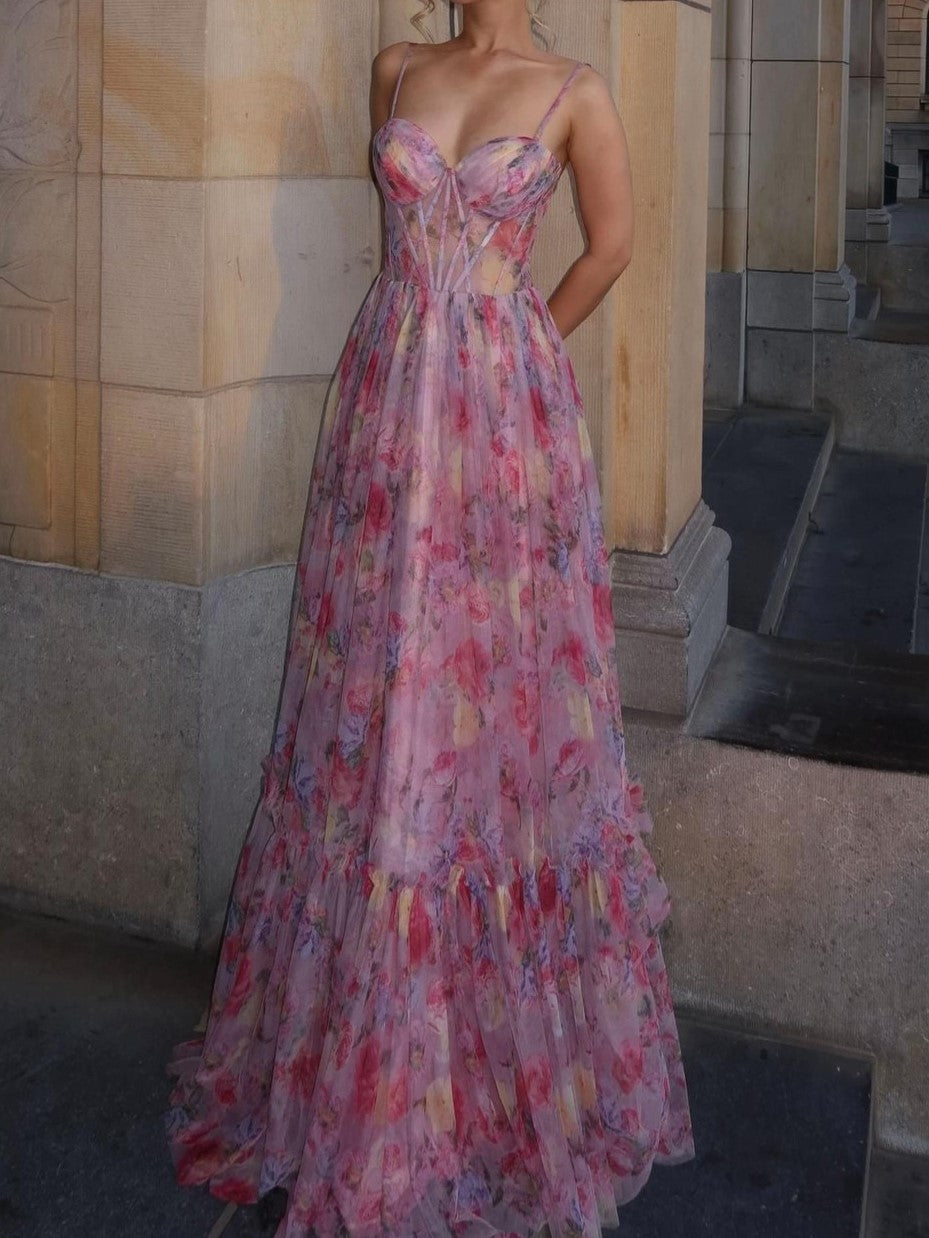 Floral Corset Bodice Spaghetti Strap Tiered Maxi Dress