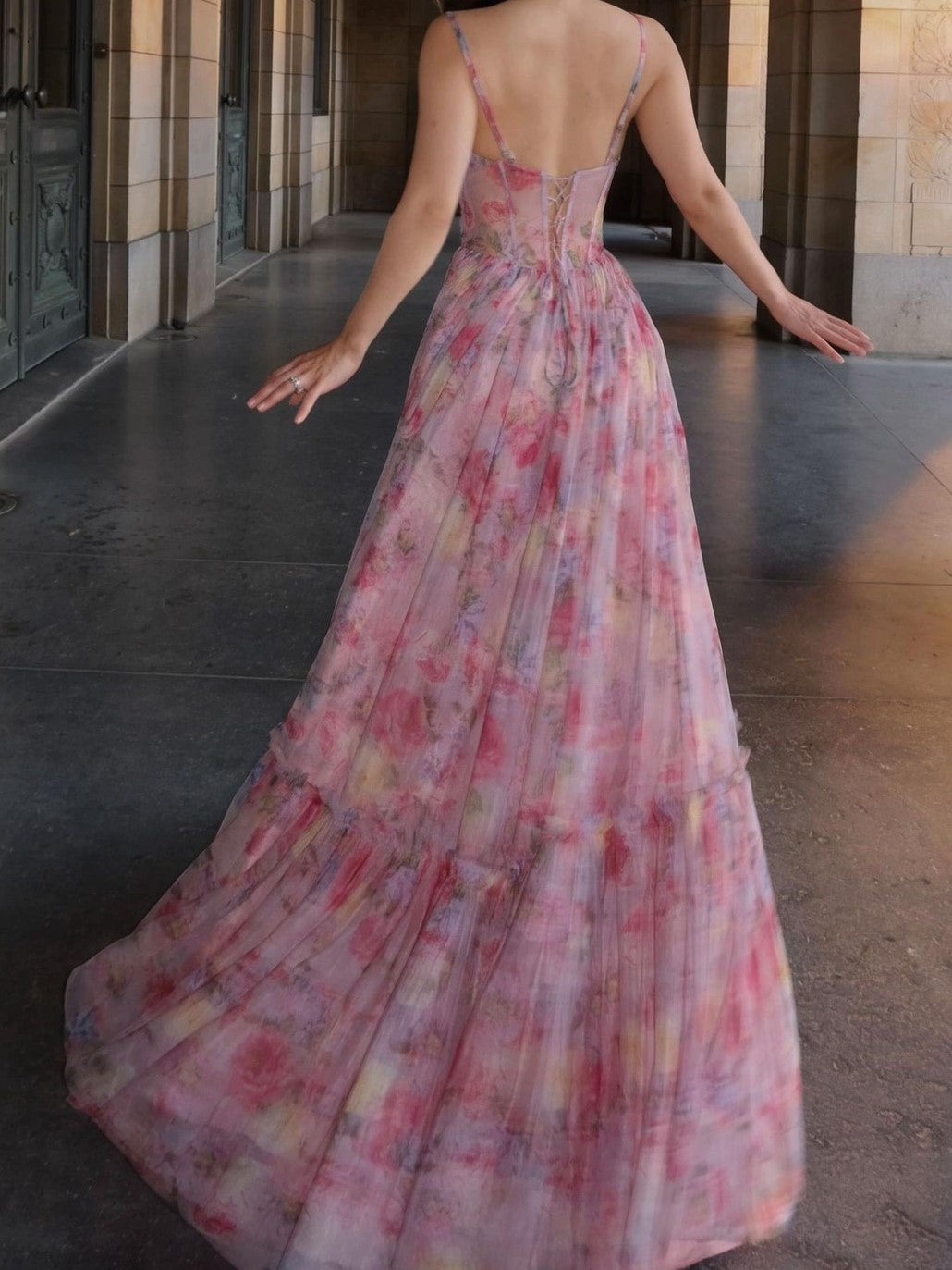 Floral Corset Bodice Spaghetti Strap Tiered Maxi Dress
