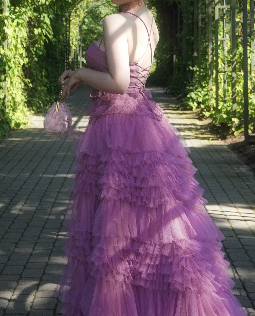 Plum Tulle Tiered Ruffle Corset Maxi Dress