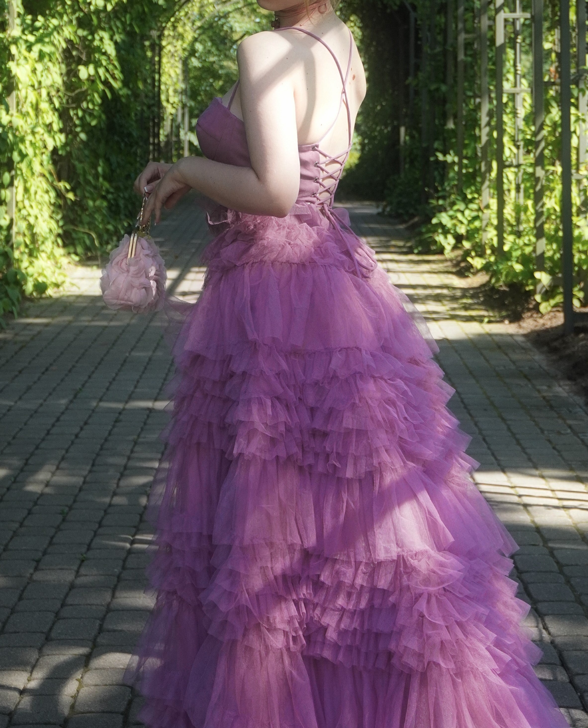 Plum Tulle Tiered Ruffle Corset Maxi Dress