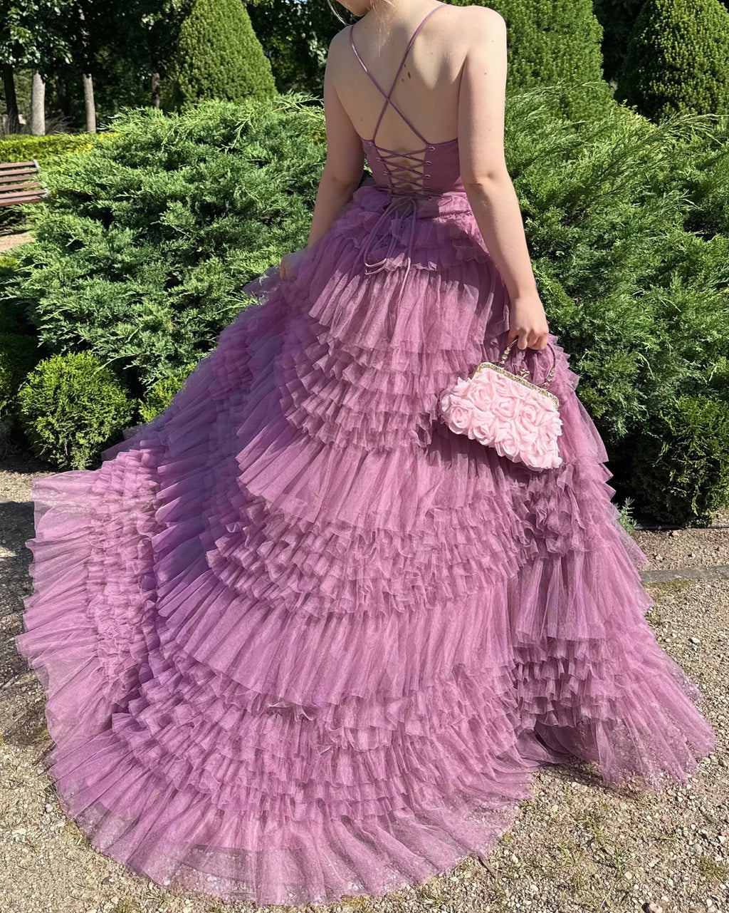 Plum Tulle Tiered Ruffle Corset Maxi Dress