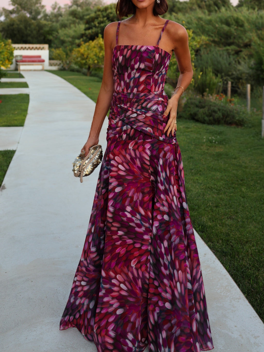 Burgundy Abstract Brushstroke Ruched Maxi Dress