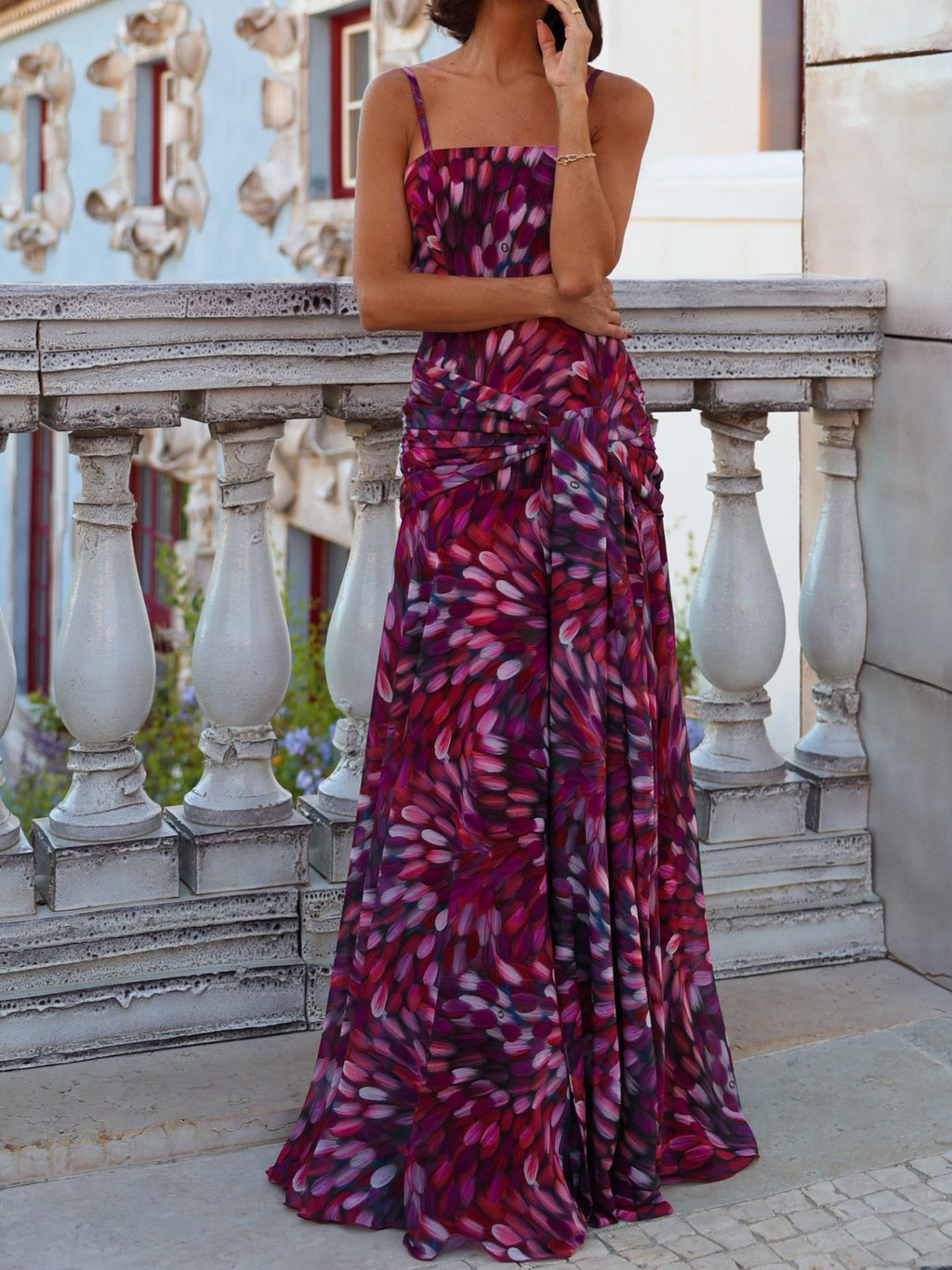 Burgundy Abstract Brushstroke Ruched Maxi Dress