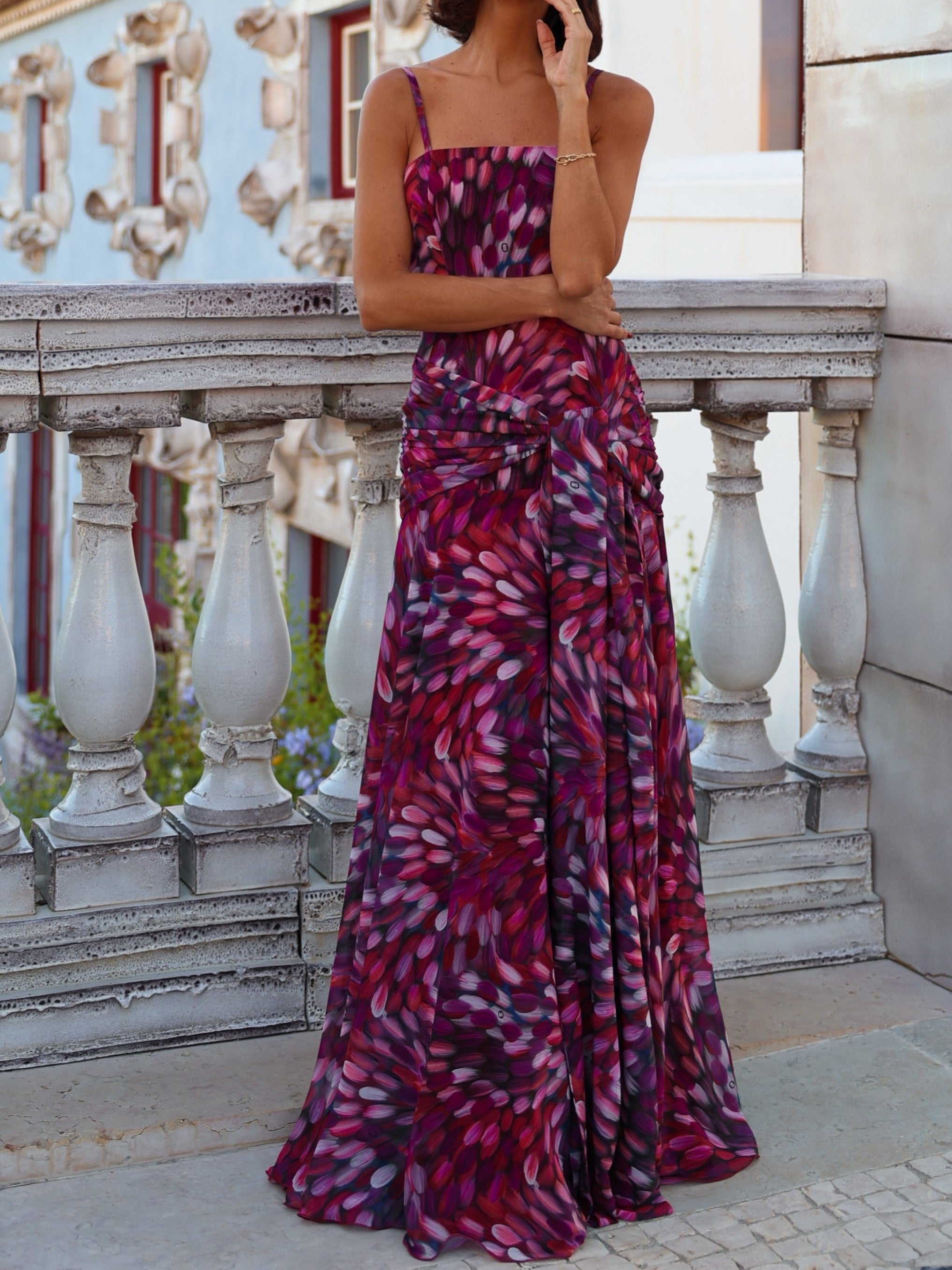 Burgundy Abstract Brushstroke Ruched Maxi Dress