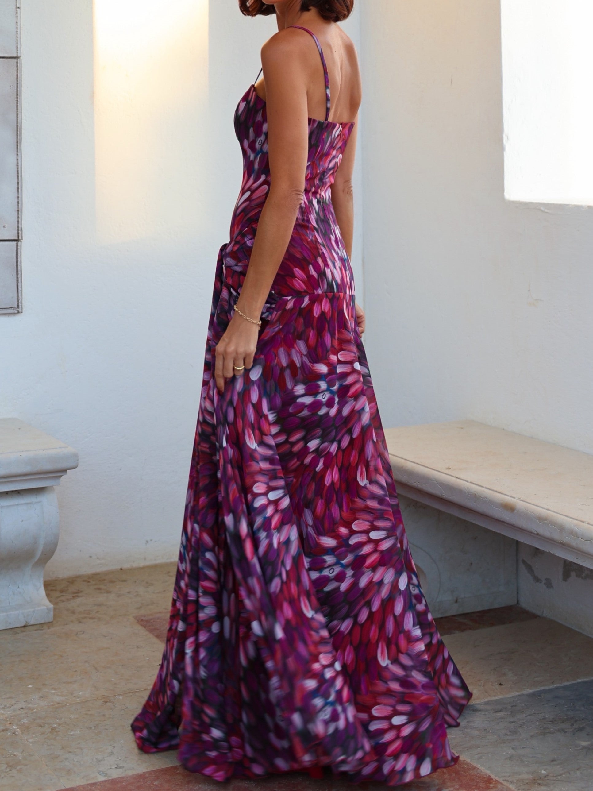Burgundy Abstract Brushstroke Ruched Maxi Dress