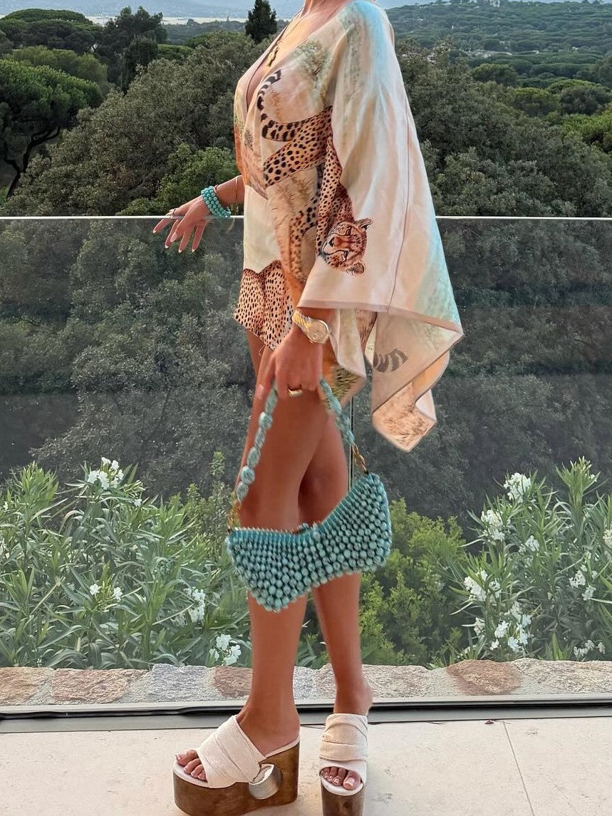 Abstract Animal Print Kimono Sleeve Short Set