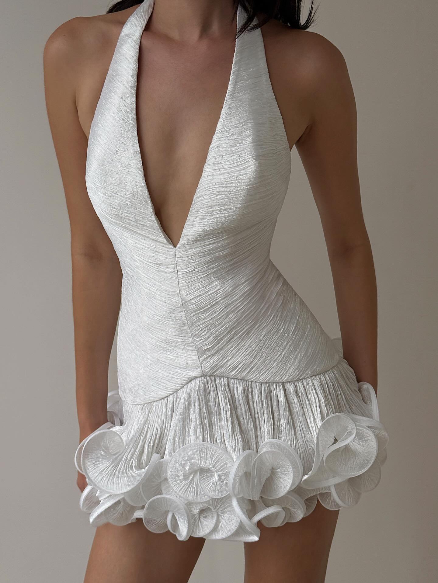 White Halter Ruffle Hem Mini Dress