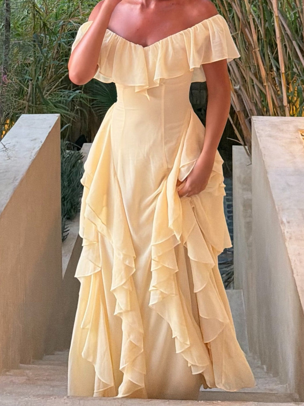Pale Yellow Off-Shoulder Ruffle Maxi Dress
