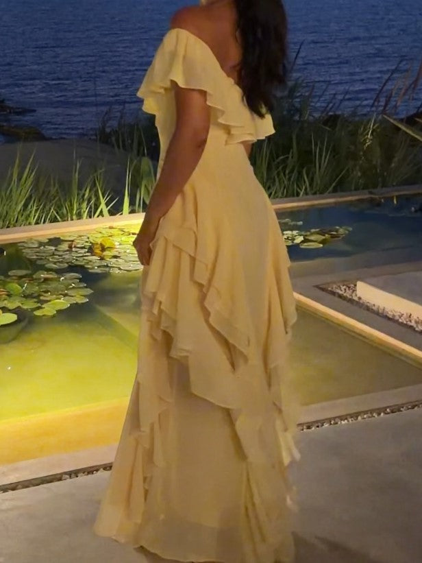 Pale Yellow Off-Shoulder Ruffle Maxi Dress
