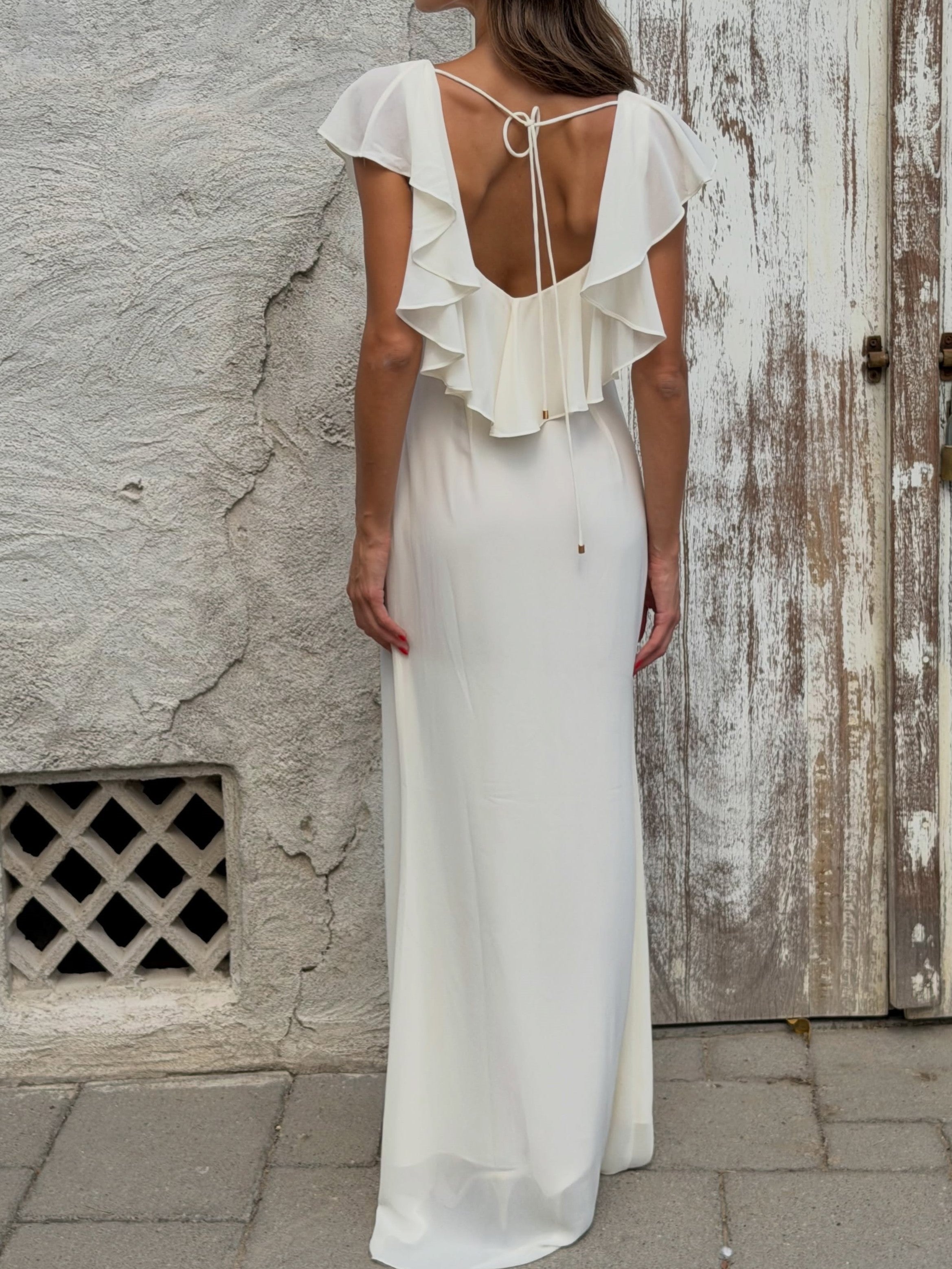 Ivory Ruffle Open-Back Chiffon Maxi Dress
