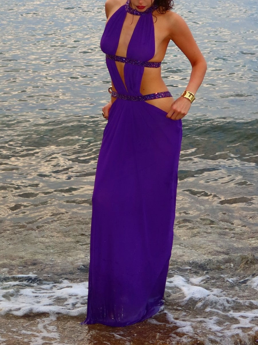 Purple Glitter Cutout Halter Mesh Maxi Dress