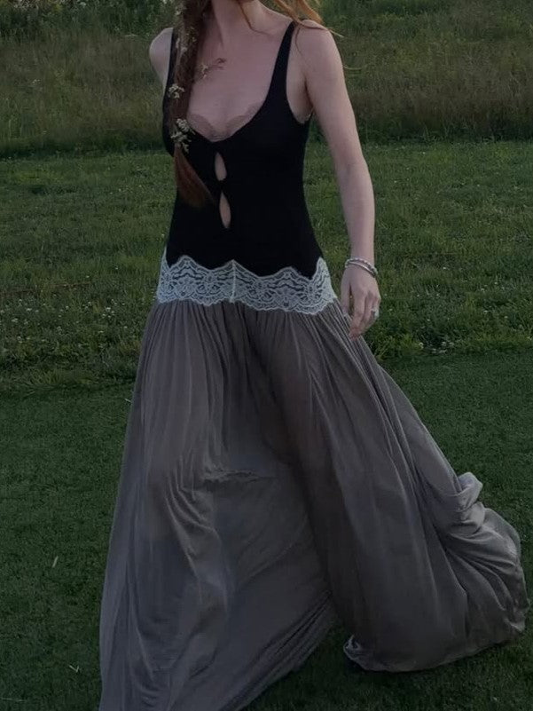Black Cutout Bodice Gray Tulle Maxi Dress