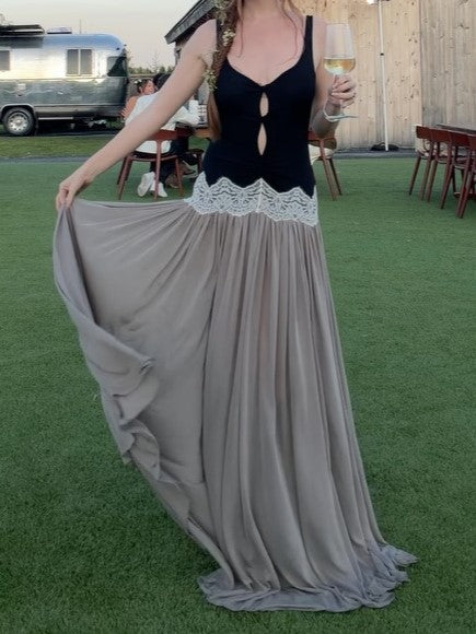 Black Cutout Bodice Gray Tulle Maxi Dress