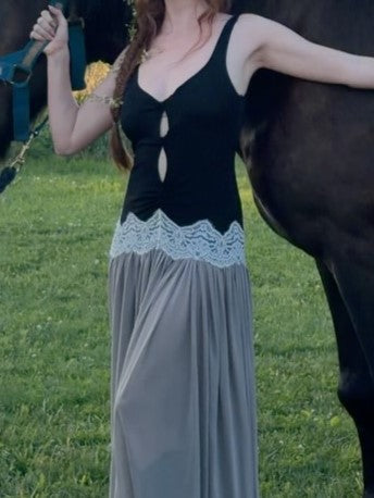 Black Cutout Bodice Gray Tulle Maxi Dress