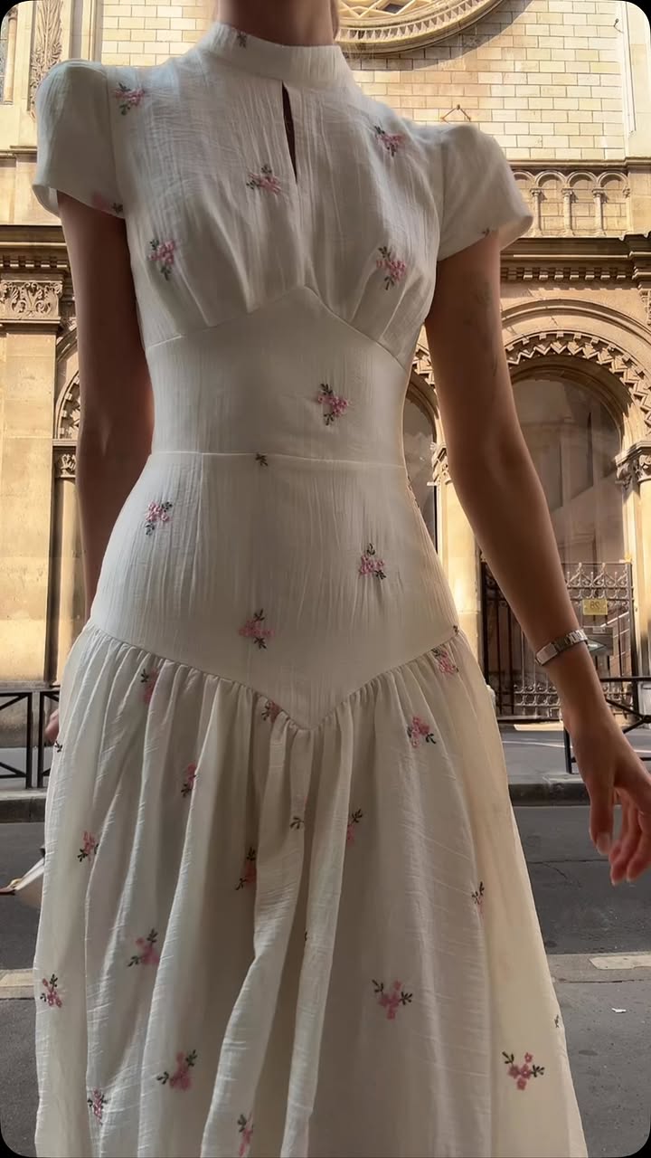 White Pink Floral Stand Collar Crinkle Maxi Dress