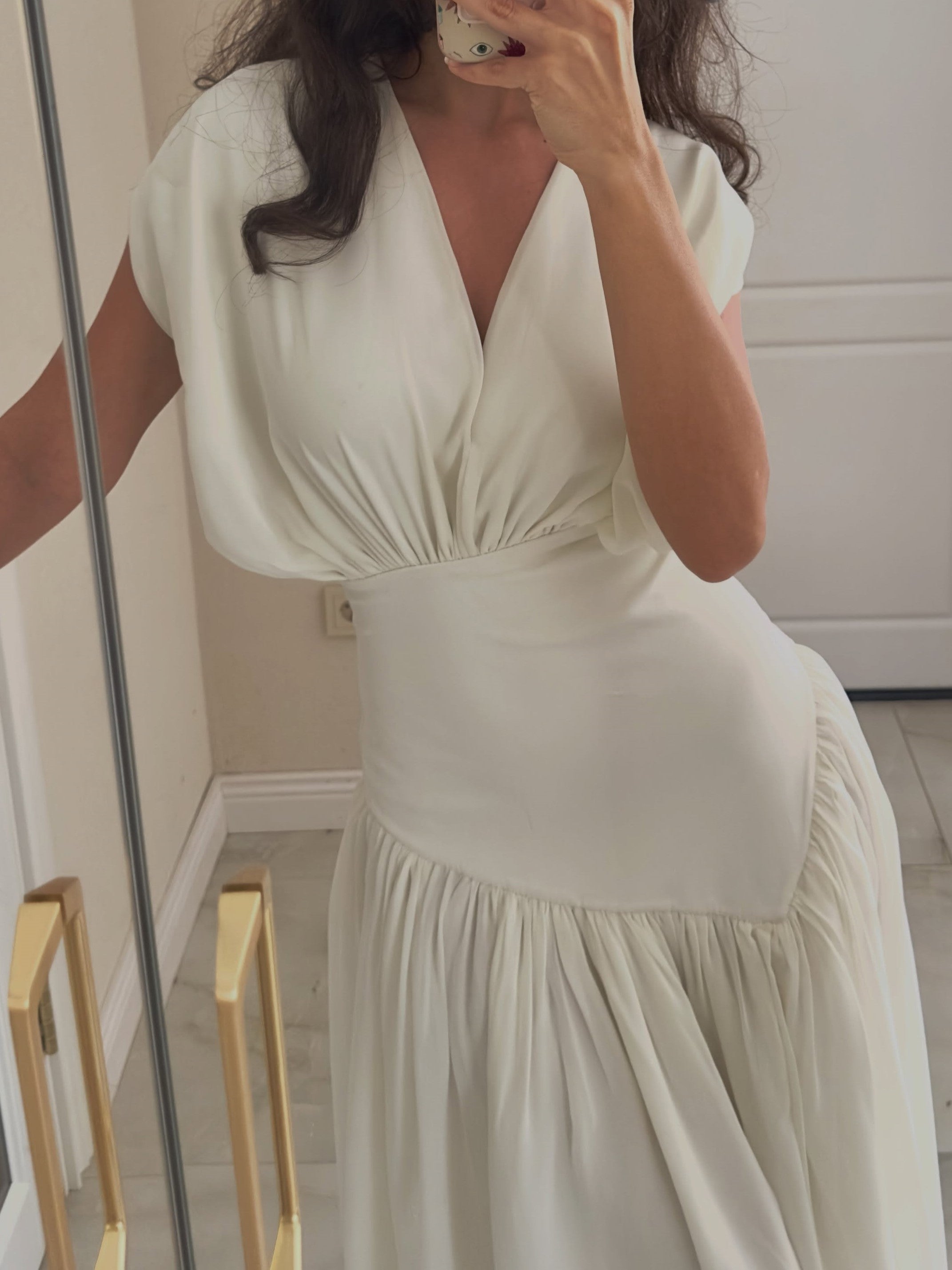White Draped V-Neck Asymmetrical Ruched Maxi Dress