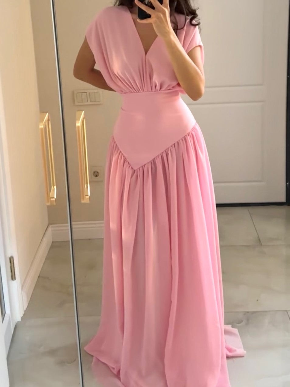 White Draped V-Neck Asymmetrical Ruched Maxi Dress