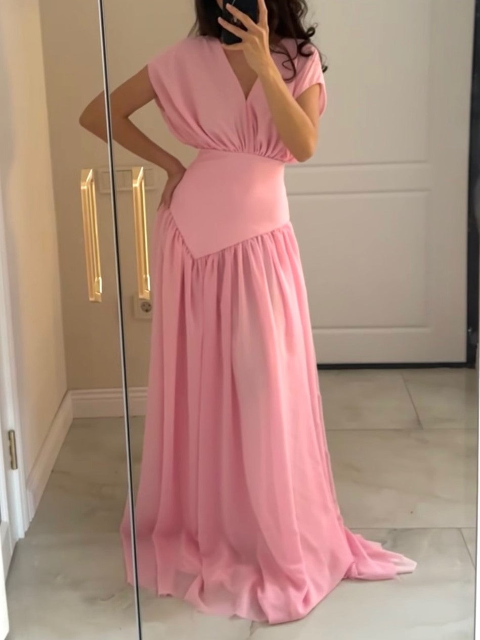 White Draped V-Neck Asymmetrical Ruched Maxi Dress
