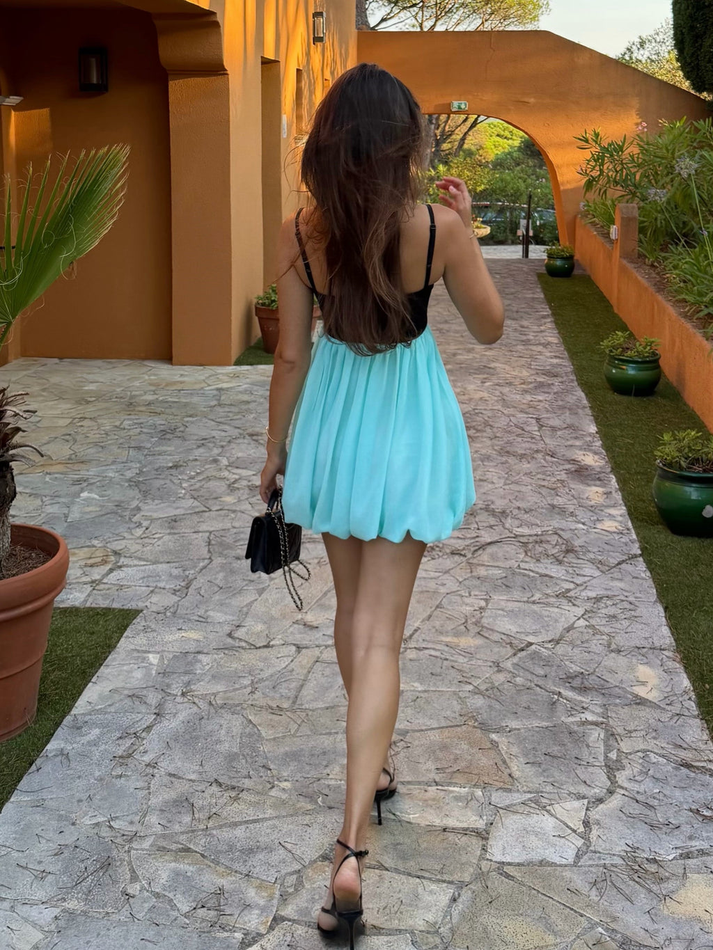 BlackTurquoise Two-Tone Spaghetti Strap Mini Bubble Dress