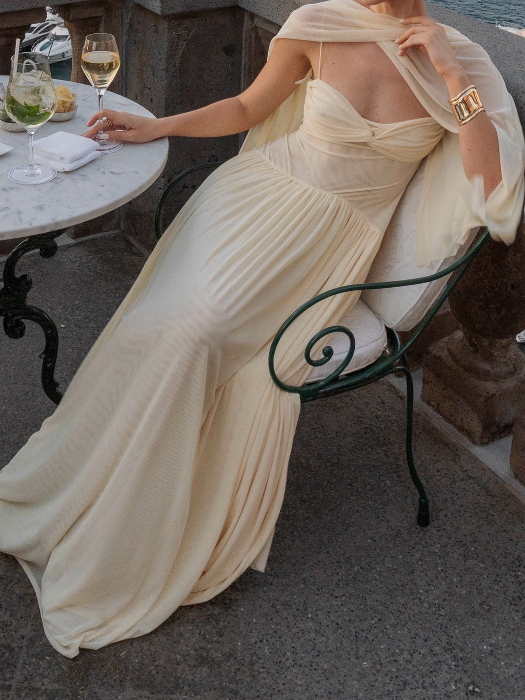 Ivory Gathered Keyhole Cutout Draped Maxi Dress