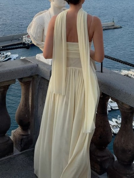 Ivory Gathered Keyhole Cutout Draped Maxi Dress