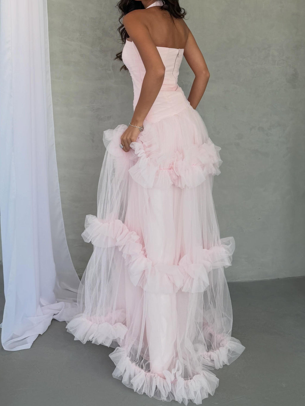 Blush Pink Tiered Tulle Halter Ballgown