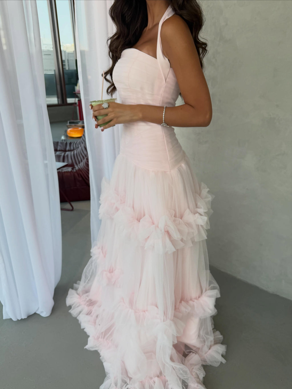 Blush Pink Tiered Tulle Halter Ballgown