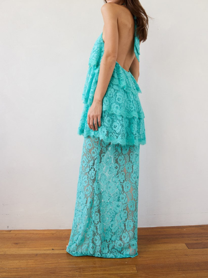 Turquoise Sheer Lace Halter Tiered Maxi Dress