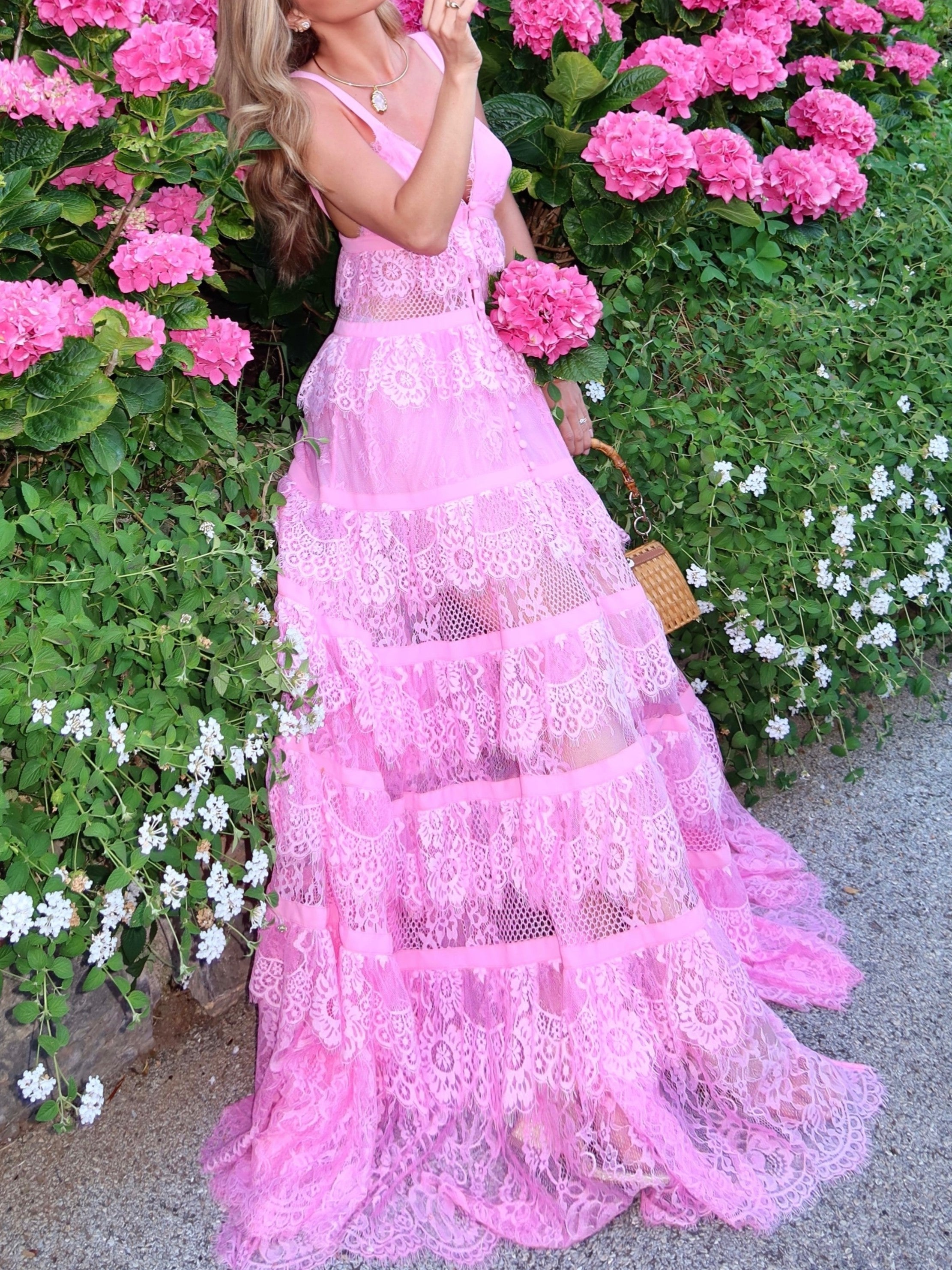Pink Lace Tiered A-Line Maxi Dress
