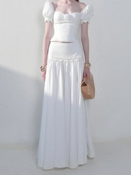 White Puff Sleeve Two-Piece Maxi Skirt Set