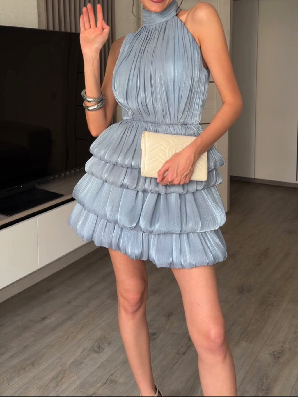 Pleated Tiered Halter Mini Dress