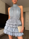 Pleated Tiered Halter Mini Dress