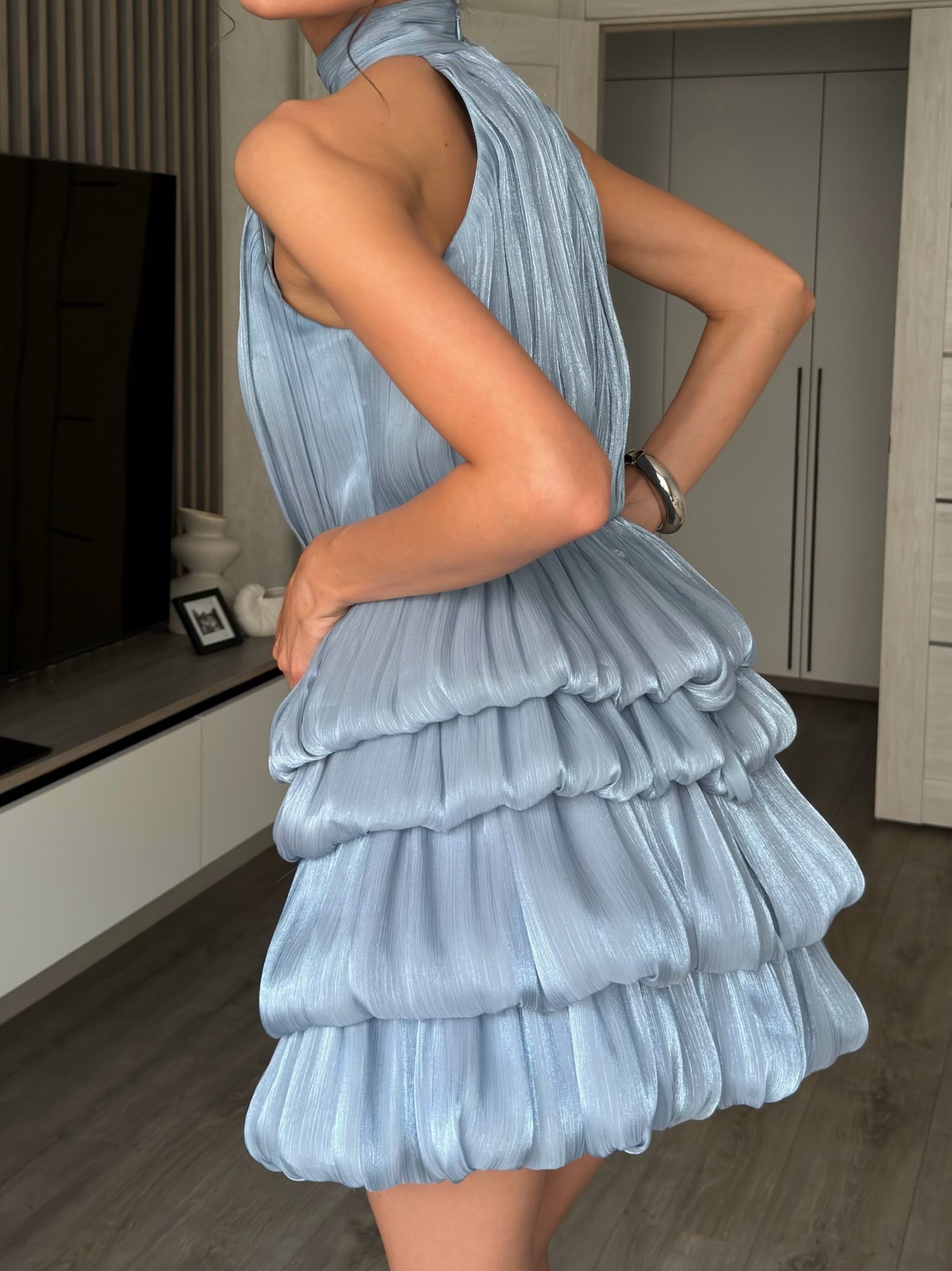 Pleated Tiered Halter Mini Dress