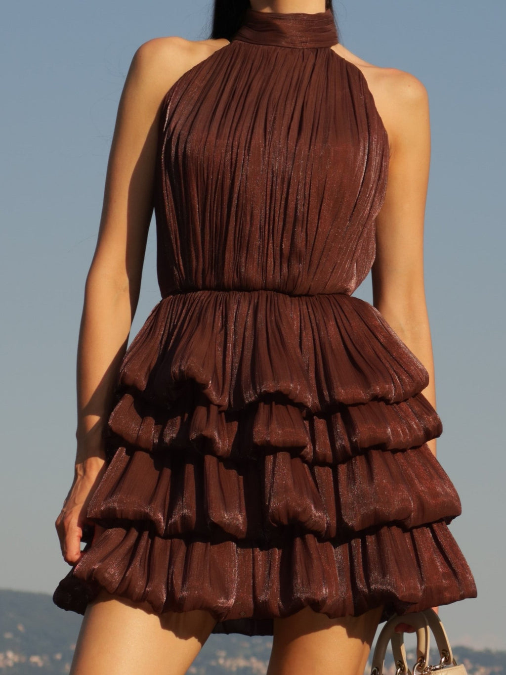 Pleated Tiered Halter Mini Dress