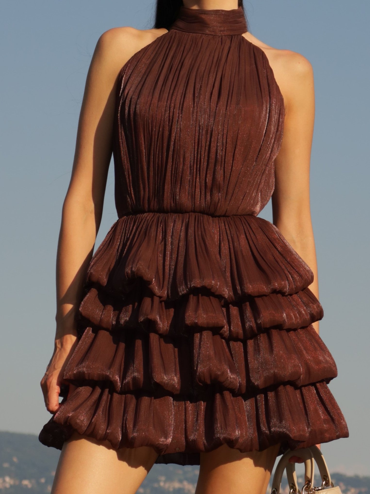 Pleated Tiered Halter Mini Dress