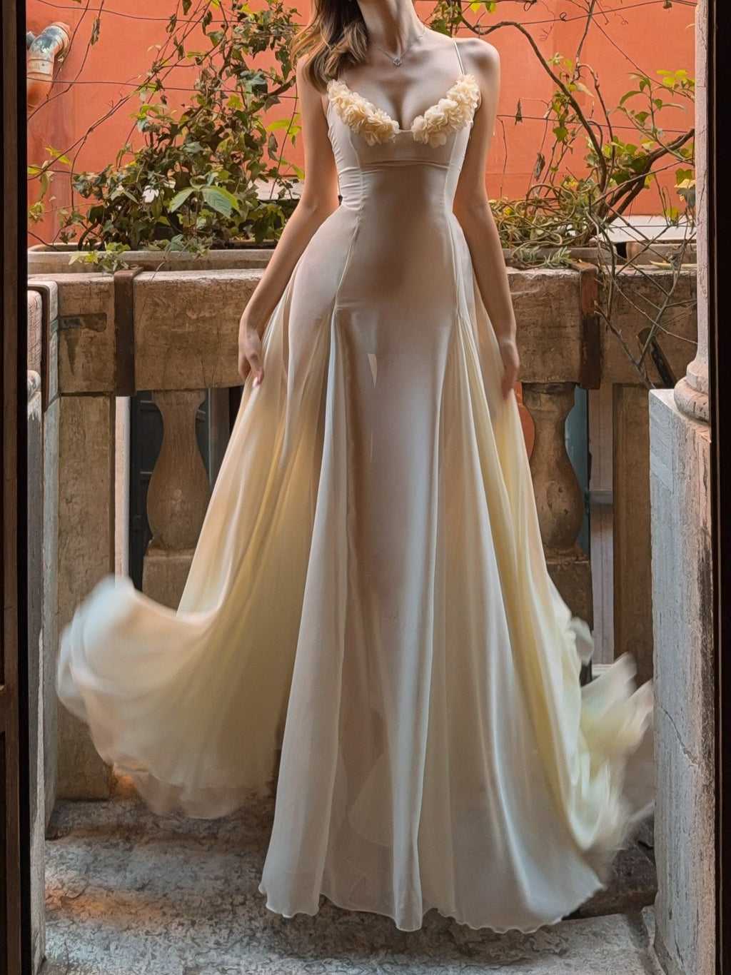 Cream Sheer Ruffle Corset Maxi Dress