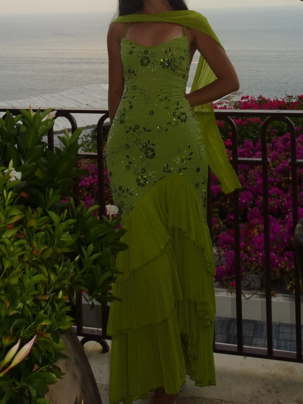 Lime Green Sequin Floral Tiered Ruffle Maxi Dress