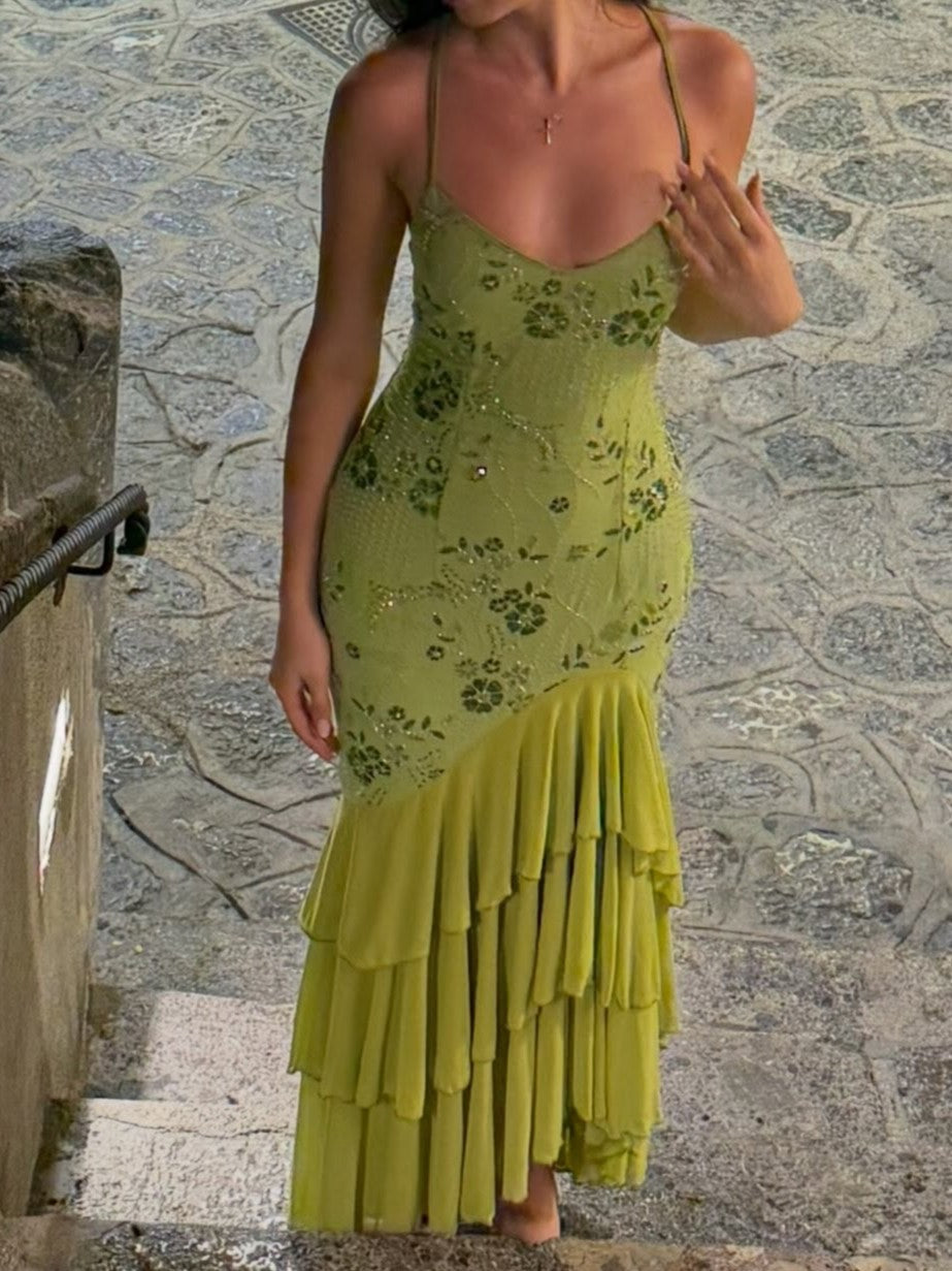 Lime Green Sequin Floral Tiered Ruffle Maxi Dress