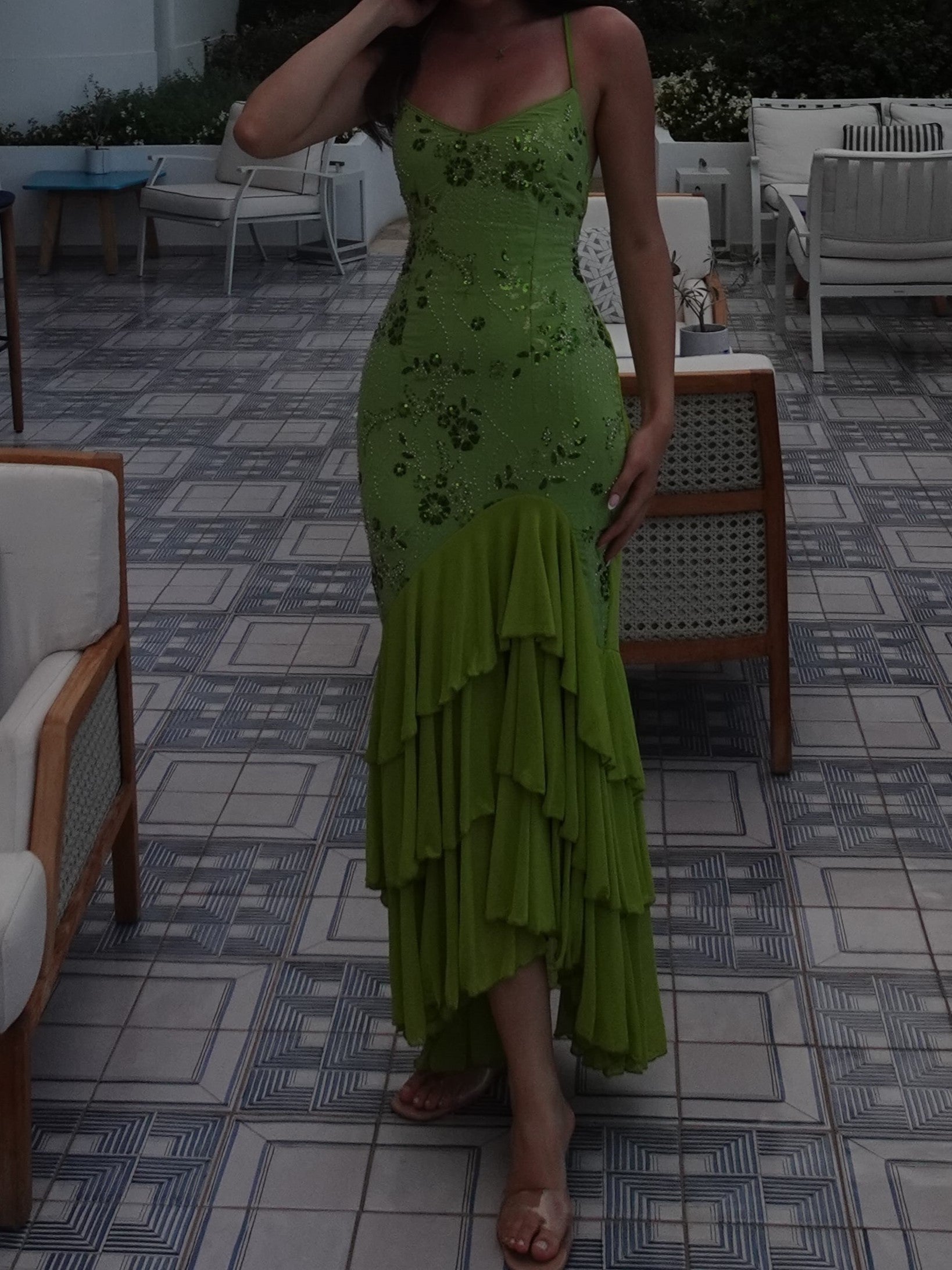 Lime Green Sequin Floral Tiered Ruffle Maxi Dress