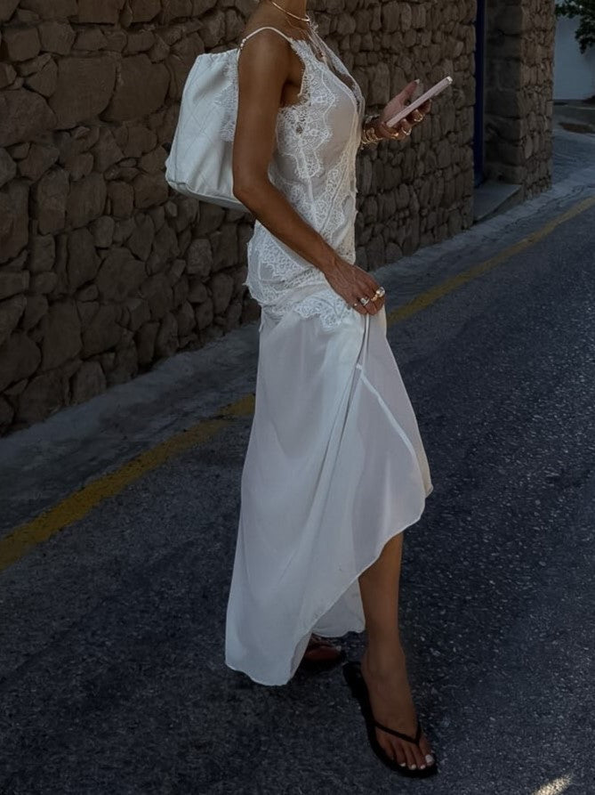 White Lace Bodice Flowy Maxi Dress