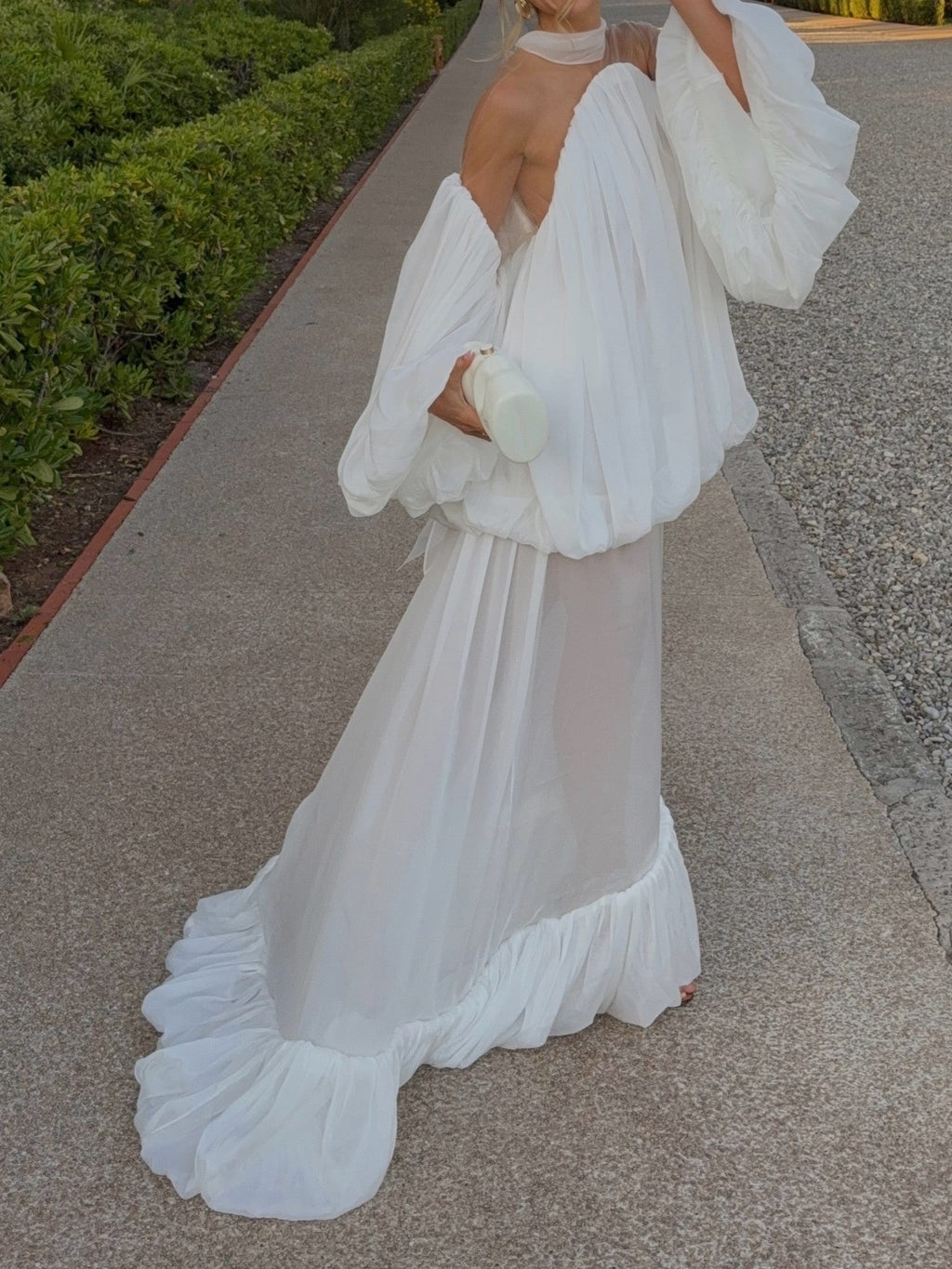 White Off-Shoulder Sheer Balloon Sleeve Maxi Dress