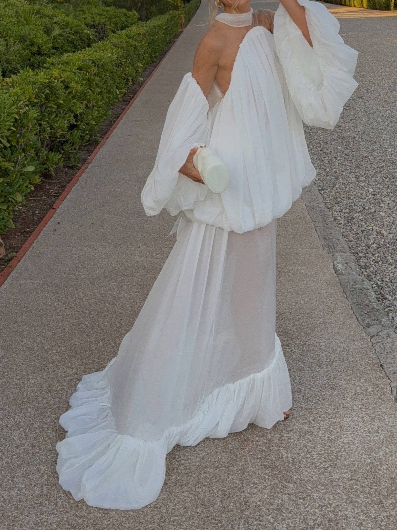 White Off-Shoulder Sheer Balloon Sleeve Maxi Dress