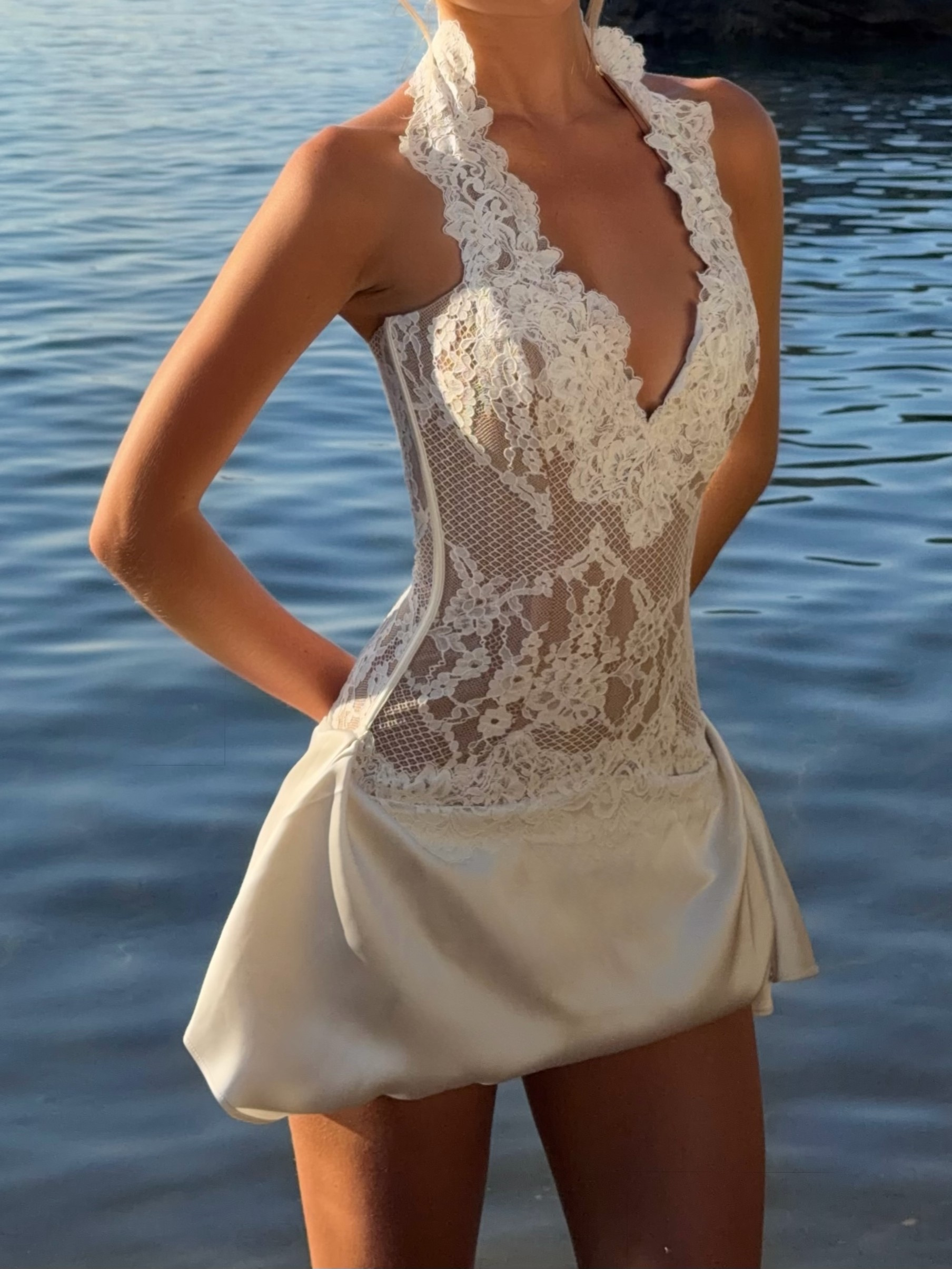 White Lace Halter Mini Dress