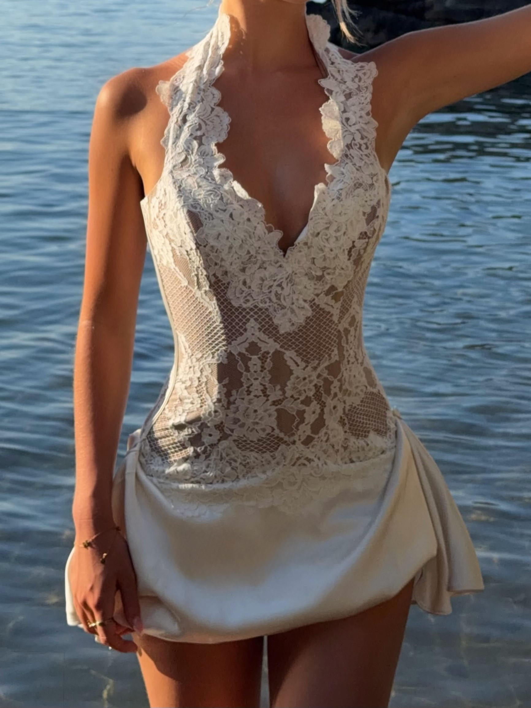 White Lace Halter Mini Dress