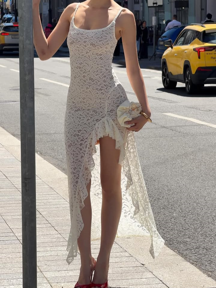 Lace Asymmetric Ruffle Maxi Dress