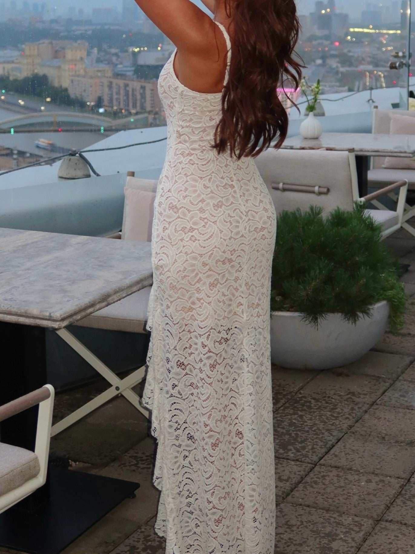 Lace Asymmetric Ruffle Maxi Dress