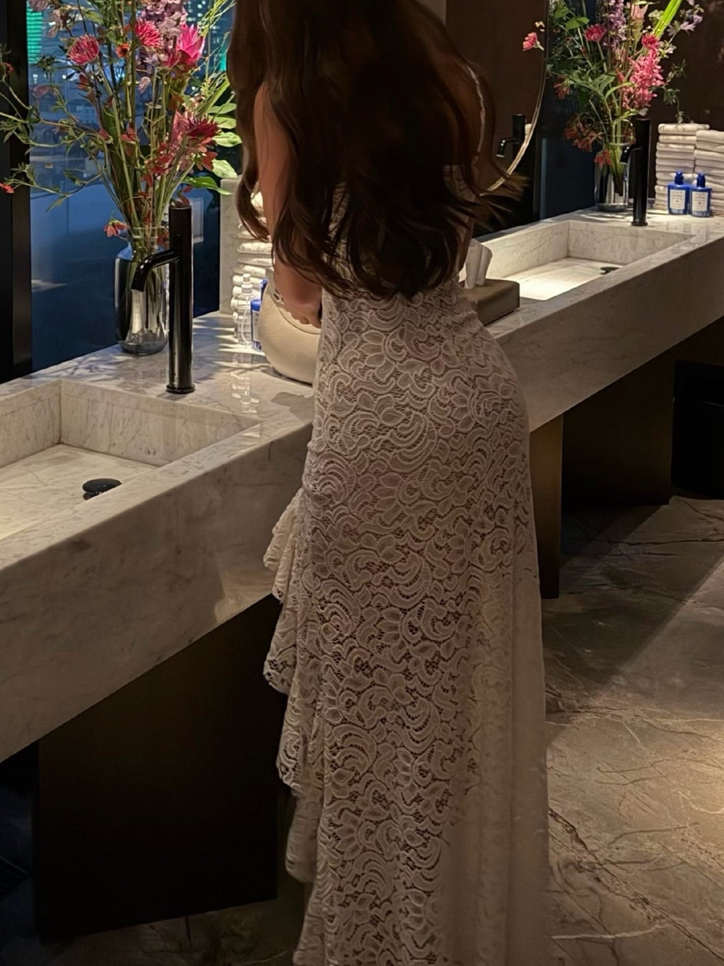 Lace Asymmetric Ruffle Maxi Dress